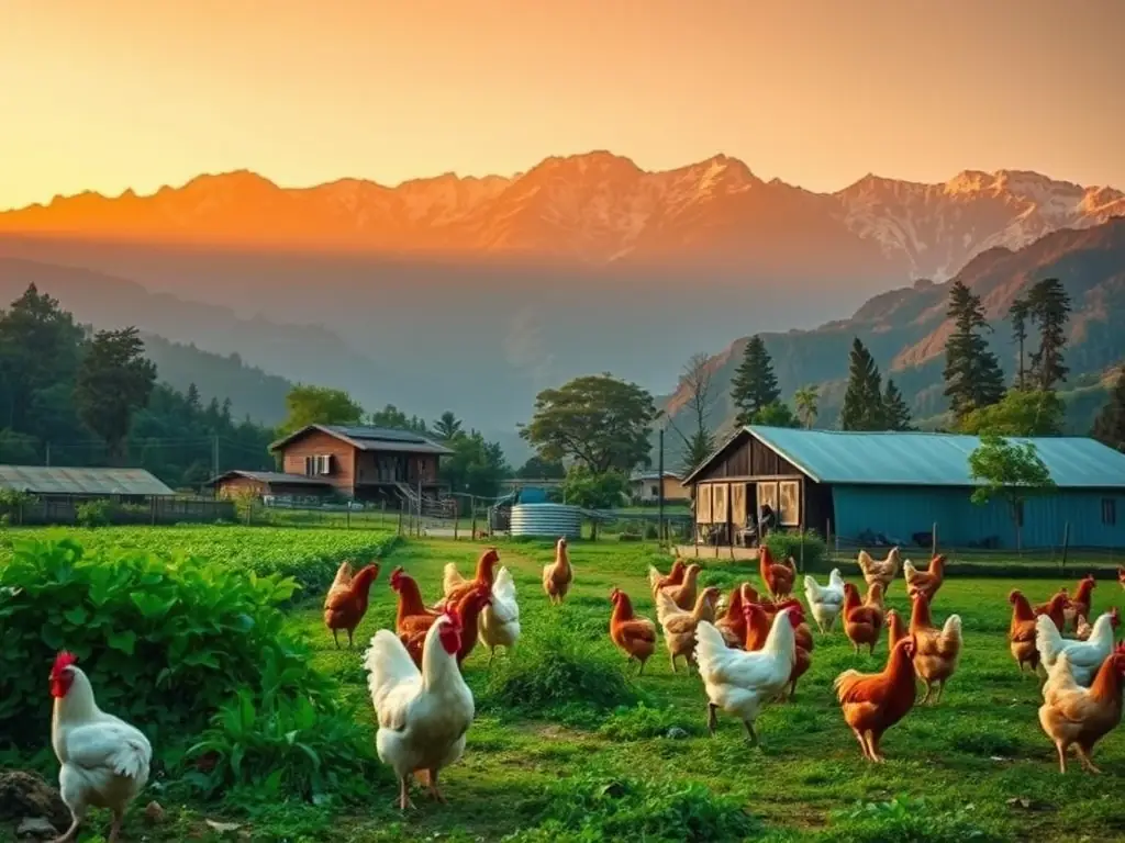A picturesque view of the chicken farm in Himachal Pradesh, showcasing the eco-friendly facilities and the natural beauty of the Himalayan foothills, with chickens grazing in the foreground.