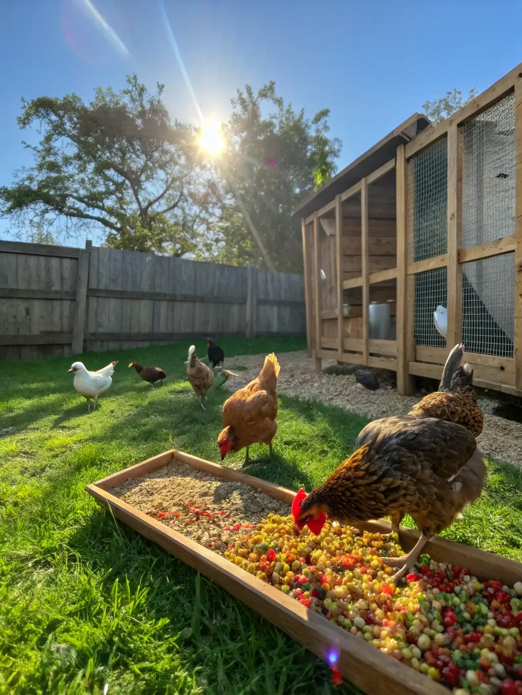 A close-up shot of chickens feeding on natural grains and vegetation, highlighting the farm's commitment to providing a healthy and balanced diet.