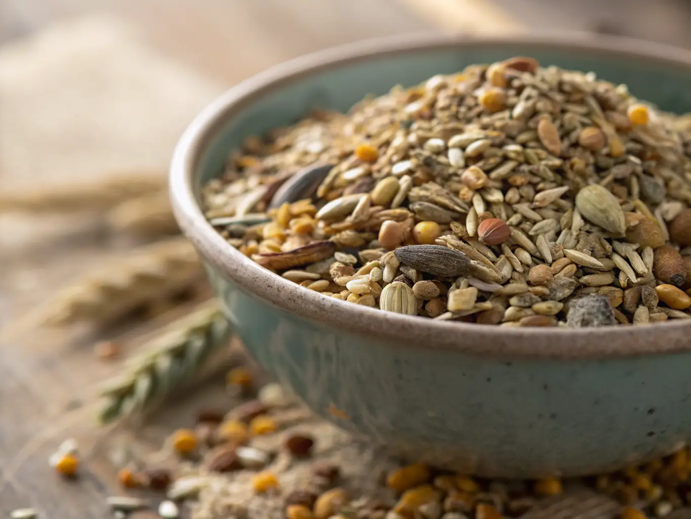 A close-up shot of chicken feed made from natural ingredients, emphasizing the farm's commitment to eco-friendly and sustainable practices.