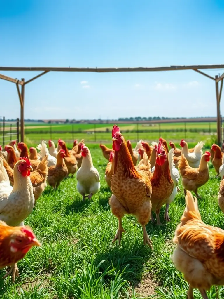 A picturesque view of chickens roaming freely in a lush green pasture at the foothills of the Himalayas, showcasing the natural and healthy environment.