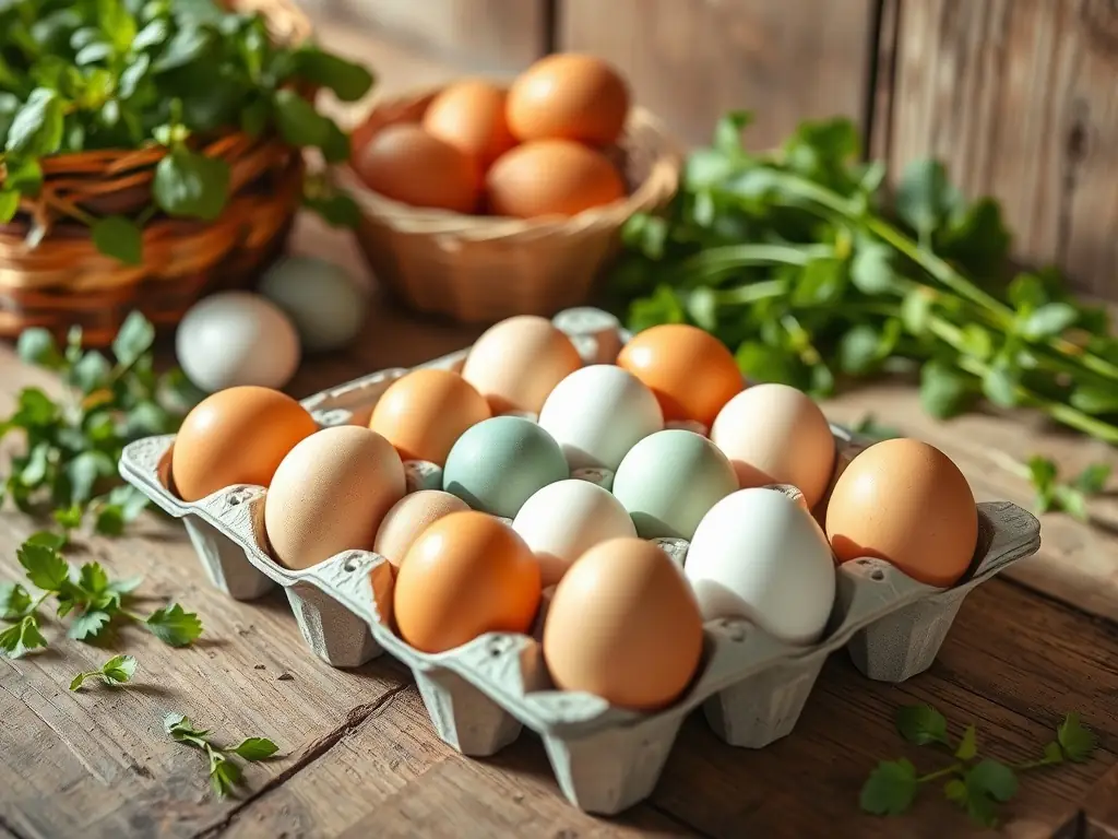 A carton of fresh organic eggs with a rustic background of the farm, showcasing the natural and wholesome quality of the eggs.