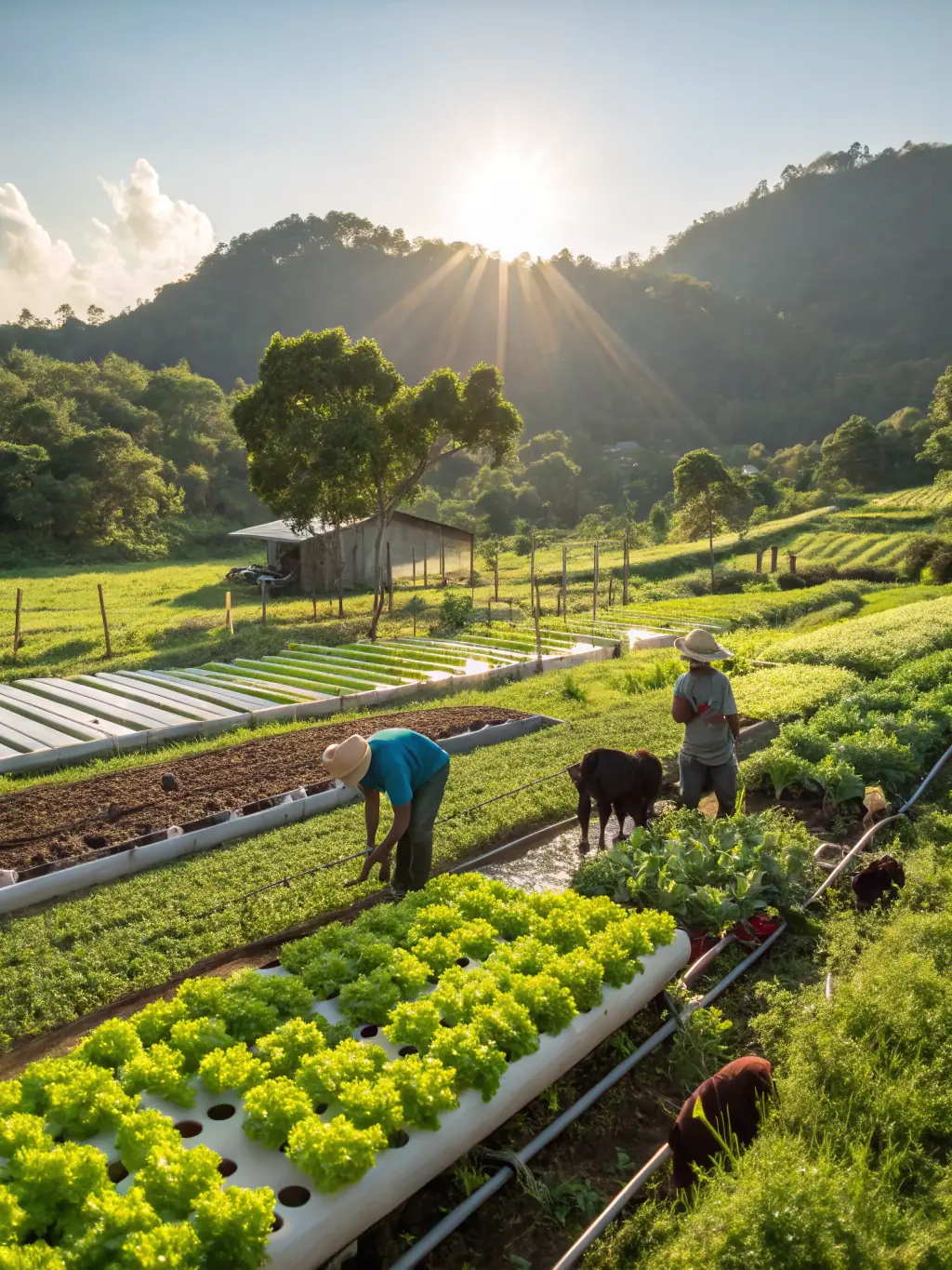An image of the farm's eco-friendly facilities, such as solar panels or rainwater harvesting systems, demonstrating its commitment to sustainability.
