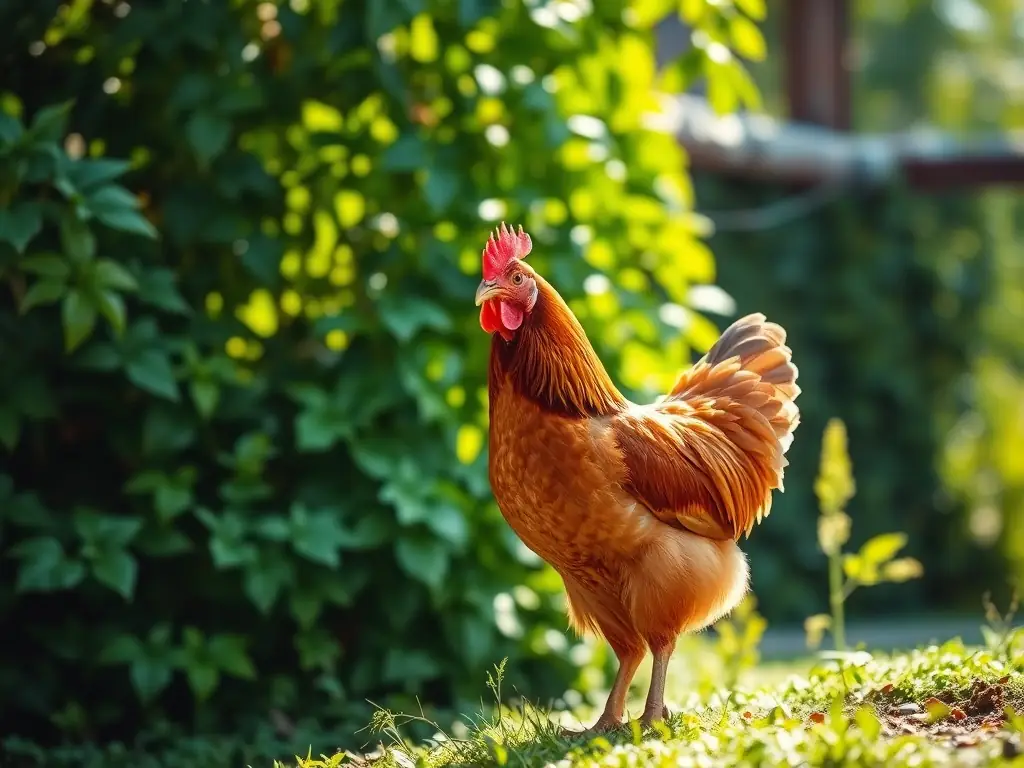 A photograph of a group of Rhode Island Red chickens in a grassy, open-air enclosure on the farm, with the Himalayan foothills visible in the background.
