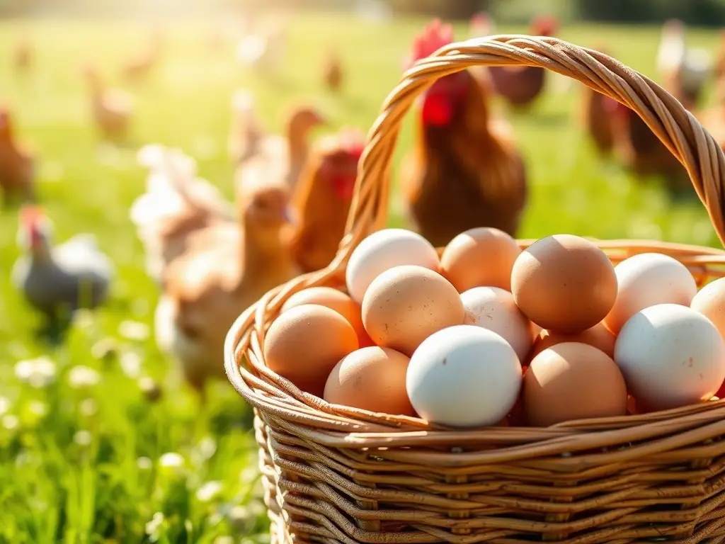 A close-up shot of a basket filled with fresh, brown organic eggs, with a blurred background of chickens roaming freely in a grassy field in Himachal Pradesh.