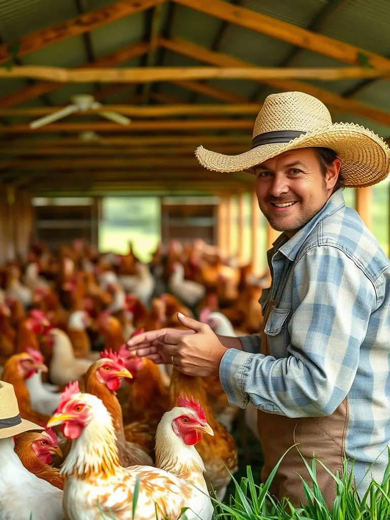 A photo of the farm's staff interacting with the chickens, emphasizing the care and attention given to the animals' well-being.