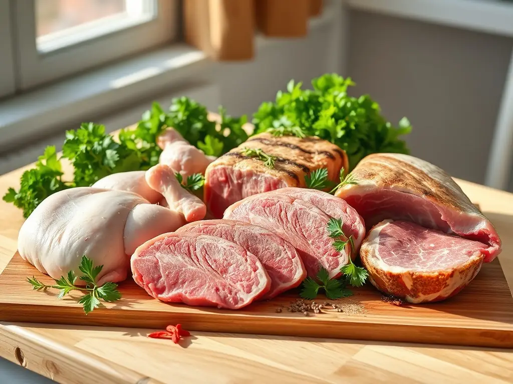 A photo of freshly processed free-range chicken meat, displayed on a wooden cutting board, with herbs and spices scattered around, set against the backdrop of the Himalayan mountains.