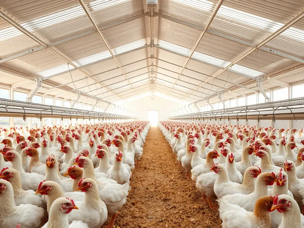 A photograph of a group of White Leghorn chickens in a clean, well-maintained coop, with natural light streaming in.